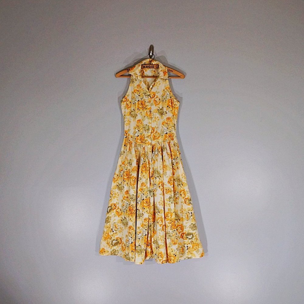 Vintage 1980's Fit and Flare Yellow Floral Dress
